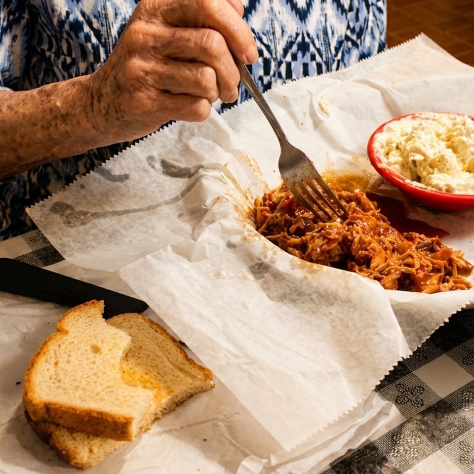 An elderly person eating pulled pork with a side of potato salad and white bread on a checkered tablecloth.