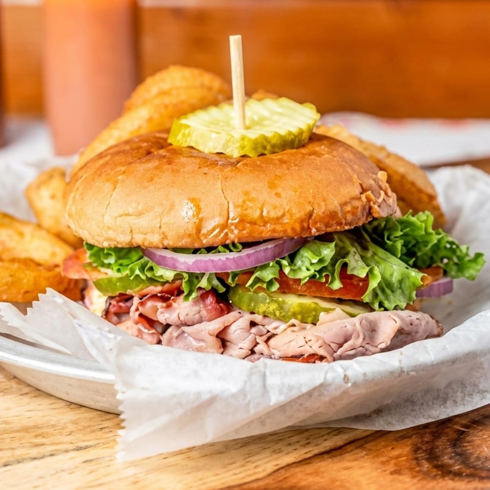 Roast beef sandwich with lettuce, tomato, onion, and pickles, served with fries on a wooden board.