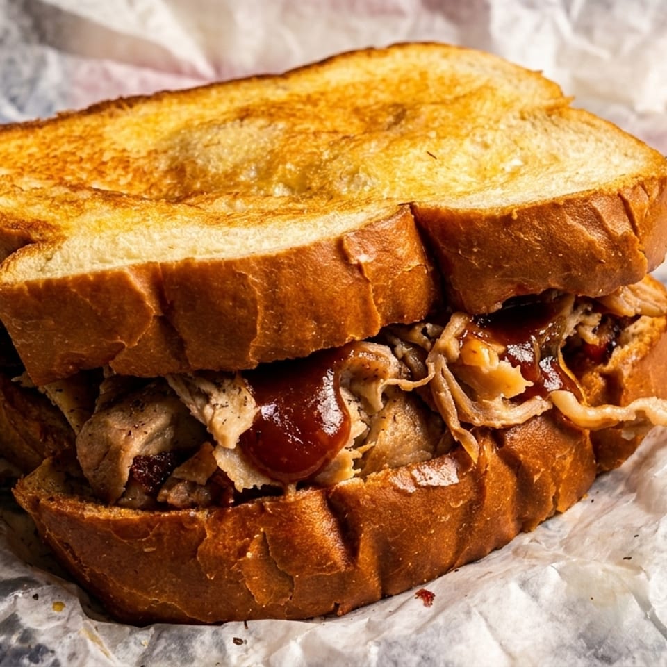 Pulled pork sandwich with barbecue sauce on toasted bread, served on crumpled white paper.