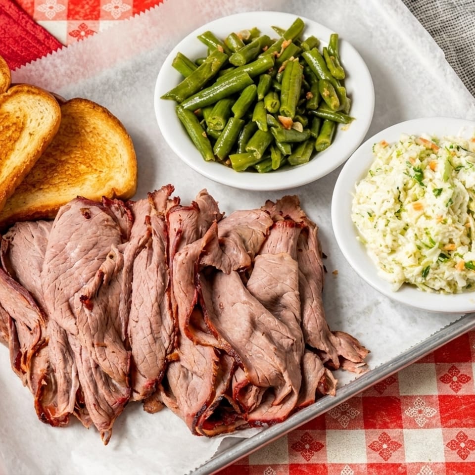 Sliced roast beef, green beans, coleslaw, and toasted bread on a tray with checkered tablecloths.